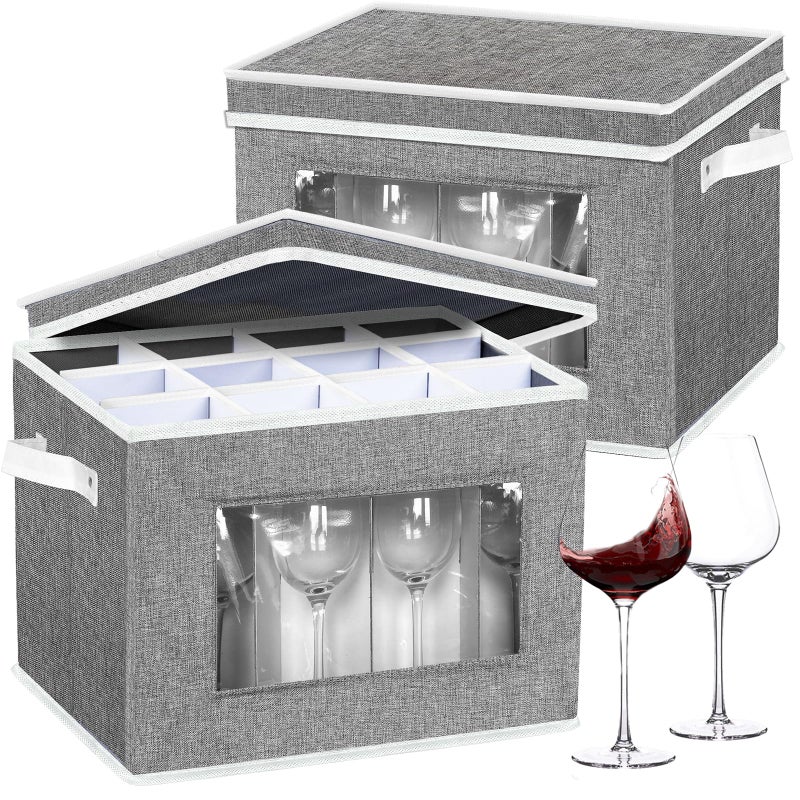 homyfort 2 Pack Stemware Storage Cases  Wine Glass Storage Box with Dividers  China Crystal Glass Storage Containers Organizer for 24 Glassware Moving and Protection (Grey) - Image 1